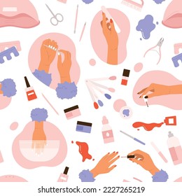 Manicure tools  seamless pattern. Women's hand and accessories. Products for nail care in the salon or at home. Beauty treatment aesthetic. Vector illustration in cartoon style. Isolated background