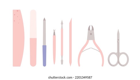 Manicure tools set. Nail scissors, file, buffer, cuticle trimmer, nippers, pusher. Products for nail care in the salon or at home. Vector illustration in cartoon style. Isolated white background