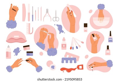 Herramientas de manicura. Colección de mano y accesorios para mujeres. Productos para el cuidado de uñas en el salón o en casa. Tratamiento de belleza estético. Ilustración vectorial al estilo de las caricaturas. Fondo blanco aislado