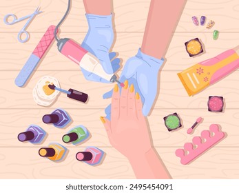 Manicure top view. Beauty nail salon occupation specialist perform fingernail care treatment procedure to customer hands, manicurist tools colors swatch swanky vector illustration authors graphics