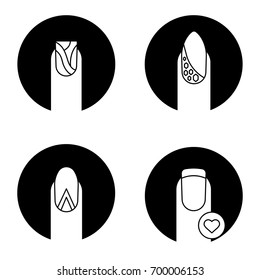 Manicure types glyph icons set. Water marbling, geometric moon manicure, nails with rhinestones and heart shape. Fingernails care. Vector white silhouettes illustrations in black circles