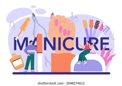 Manicure typographic header. Beauty salon worker. Nail treatment and design. Manicure master is doing a manicure, pedicure and nail art. Isolated vector illustration