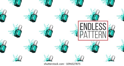 Manicure vector seamless pattern with aqua nail polish. Paint brush strokes art design. Cosmetic pattern, beauty salon decor, uniform concept.