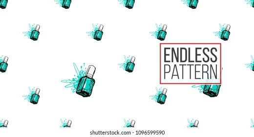 Manicure vector seamless pattern with aqua nail polish. Paint brush strokes art design. Cosmetic pattern, beauty salon decor, uniform concept.