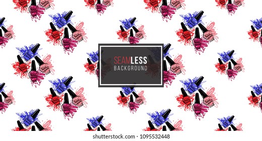 Manicure vector seamless pattern with colorful nail polish bottles. Paint brush strokes art design. Fashion illustration for beauty salon, uniform concept.