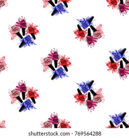 Manicure vector seamless pattern with colorful nail polish bottles. Watercolor art graphic icons on white background. Fashion illustration for beauty salon, uniform concept.