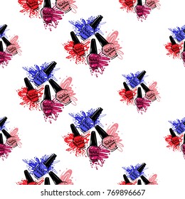 Manicure vector seamless pattern with colorful nail polish bottles. Watercolor art graphic icons on white background. Fashion illustration for beauty salon, uniform concept.