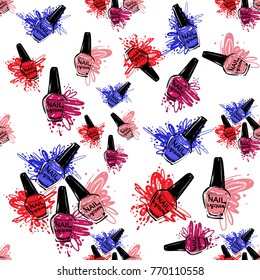 Manicure vector seamless pattern with colorful nail polish bottles. Watercolor art graphic icons on white background. Fashion illustration for beauty salon, uniform concept.