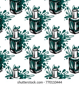 Manicure vector seamless pattern with green nail polish. Watercolor art graphic icons on white background. Fashion illustration, beauty salon logo, uniform concept.