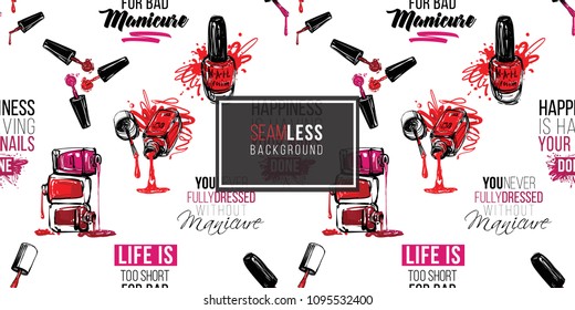 Manicure vector seamless pattern with nail manicure accessories for nails care and motivational slogans. Watercolor graphic on white background. Fashion illustration for beauty salon, uniform concept.