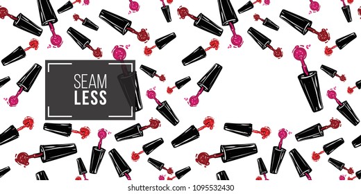 Manicure vector seamless pattern with nail polish brushes. Paint brush strokes art design. Cosmetic pattern, beauty salon decor, uniform concept.