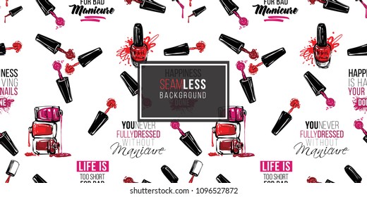 Manicure vector seamless pattern with nail manicure accessories for nails care and motivational slogans. Watercolor graphic on white background. Fashion illustration for beauty salon, uniform concept.