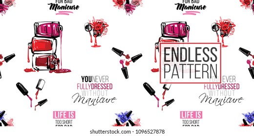 Manicure vector seamless pattern with nail manicure accessories for nails care. Paint brush strokes art design. Cosmetic pattern, beauty salon decor, uniform concept.