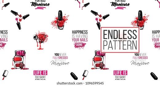 Manicure vector seamless pattern with nail manicure accessories for nails care and motivational slogans. Watercolor graphic on white background. Fashion illustration for beauty salon, uniform concept.