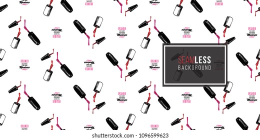 Manicure vector seamless pattern with nail brushes and life is too short for bad manicure text. Watercolor art graphic on white background. Fashion illustration for beauty salon, uniform concept.