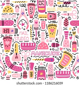 Manicure vector seamless pattern. Nail salon vector  logo. Manicure and pedicure studio. Fashion beauty banner for spa with nail polish or lacquer. Doodle illustration with nail manicure accessories. 