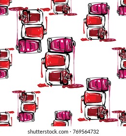 Manicure vector seamless pattern with nail polish bottles still life. Watercolor-style art graphic icons on white background. Fashion illustration for beauty salons, uniform concept.