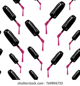 Manicure vector seamless pattern with nail polish applicator. Watercolor art graphic icons on white background. Fashion illustration for beauty salons, uniform concept.