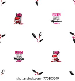Manicure vector seamless pattern with nail brushes, bottles and life is too short for bad manicure text. Watercolor graphic on white background. Fashion illustration for beauty salon, uniform concept.