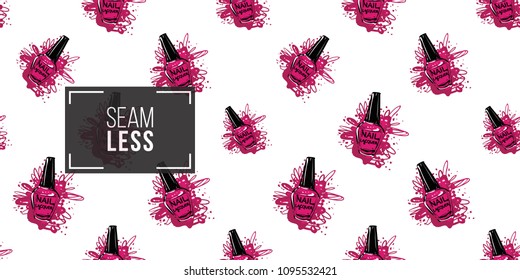 Manicure vector seamless pattern with pink nailpolish. Paint brush strokes art design. Cosmetic pattern, beauty salon decor, uniform concept.