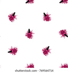 Manicure vector seamless pattern with pink nailpolish. Watercolor art graphic icons on white background. Fashion illustration, beauty salon logo, uniform concept.