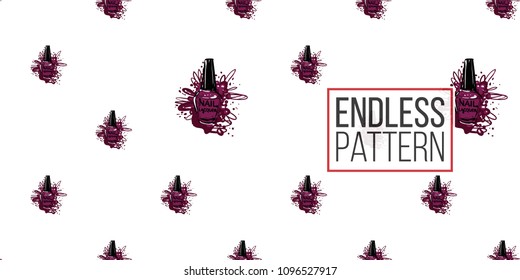 Manicure vector seamless pattern with purple nailpolish. Paint brush strokes art design. Cosmetic pattern, beauty salon decor, uniform concept.
