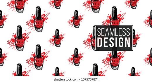 Manicure vector seamless pattern with red nail polish bottle. Watercolor style art graphic icons on white background. Fashion illustration for beauty salon, uniform concept.