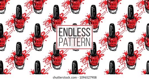 Manicure vector seamless pattern with red nail polish bottle. Watercolor style art graphic icons on white background. Fashion illustration for beauty salon, uniform concept.