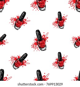Manicure vector seamless pattern with red nail polish bottle. Watercolor style art graphic icons on white background. Fashion illustration for beauty salon, uniform concept.