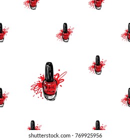 Manicure vector seamless pattern with red nail polish bottle. Watercolor style art graphic icons on white background. Fashion illustration for beauty salon, uniform concept.