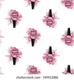 Manicure vector seamless pattern with soft pink nail polish. Watercolor art graphic icons on white background. Fashion illustration for beauty salon, uniform concept.