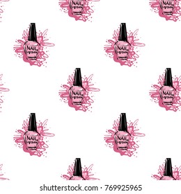Manicure vector seamless pattern with soft pink nail polish. Watercolor art graphic icons on white background. Fashion illustration for beauty salon, uniform concept.