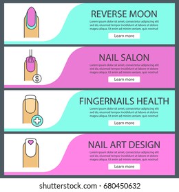 Manicure web banner templates set. Nail polishing price, fingernails health, reverse moon manicure, woman's nail with heart shape. Website color menu items. Vector headers design concepts