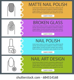 Manicure web banner templates set. Matte, broken glass manicure, nail polish bottle, fingernail with flower. Website color menu items with linear icons. Vector headers design concepts