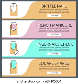 Manicure web banner templates set. Brittle and square shaped nails, french manicure, fingernails check. Website color menu items. Vector headers design concepts