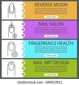 Manicure web banner templates set. Fingernails health, nails with brush, dollar sign and heart shape, reverse moon manicure. Website color menu items with linear icons. Vector headers design concepts