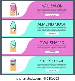 Manicure web banner templates set. Almond moon and striped manicure, fingernails with dollar sign and flower. Website color menu items. Vector headers design concepts