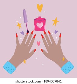 manicure, woman hands painting with red nail polish cartoon vector illustration