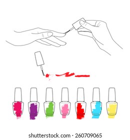 Manicure, Womens Hands, The Palette Of Nail Polish Vector Set