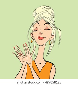 The manicure, young woman and beautiful nails, hand drawn line art illustration. 