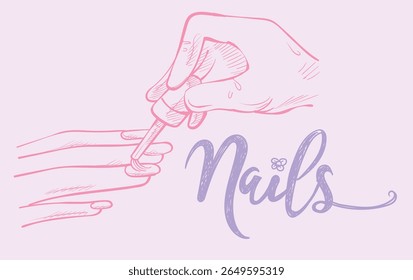 Manicured Female Hands And Applying Nail Polish On Fingernails, doodle style. vector illustration