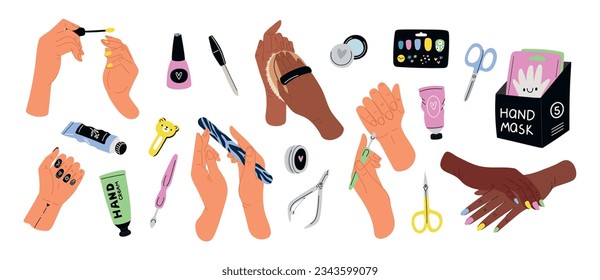 Manicured female hands and cosmetic tools. Skin care and nail decoration accessories. Girl applying cream and colored varnishes. Files and scissors. Skincare mask. Garish