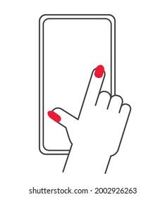 Pulsación del dedo manicurado para el icono de pantalla táctil