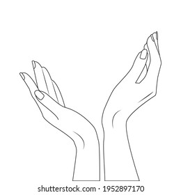 Manicured hand. Woman's hand stretching palm up line icon. Cosmetic care for hands Female hand open palm for holding or showing something line hand drawing illustration