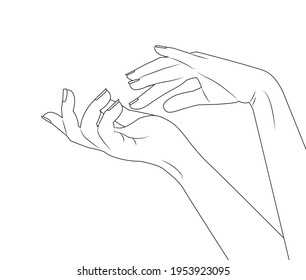 Manicured hand. Woman's hand stretching palm up line icon. Cosmetic care for hands Female hand open palm for holding or showing something line hand drawing illustration