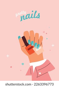 Manicured hands concept. Young girl with blue nails holds varnish in her hand. Fashion and trend, aesthetics and elegance, beauty. Pedicure and beauty treatments. Cartoon flat vector illustration