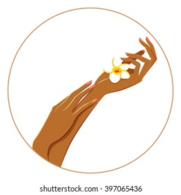 Manicured hands with dark brown skin holding a flower. Body parts, vector hand isolated on white background. Beauty, spa and skincare salon concept