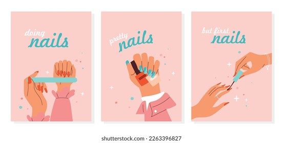 Manicured hands set. Collection of posters and banners for website. Beauty treatments and pedicure, makeup and cosmetics, nail polish. Cartoon flat vector illustrations isolated on white background