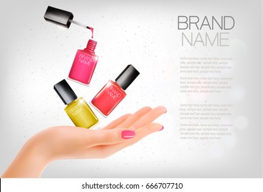 Manicured hands and several nail laquer bottles. Vector illustration
