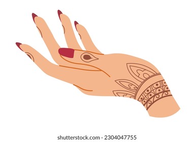 Manicured nails and henna drawing design, isolated woman hand with painting or drawing with leaves and foliage, lines and dots. Ladies marriage ceremony tradition. Vector in flat style illustration